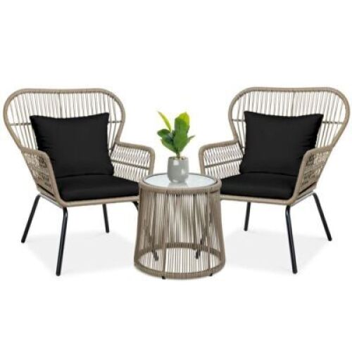 3-Piece Patio Wicker Conversation Bistro Set w/ 2 Chairs, Glass Top Table&nbsp;