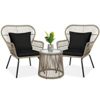 3-Piece Patio Wicker Conversation Bistro Set w/ 2 Chairs, Glass Top Table&nbsp;