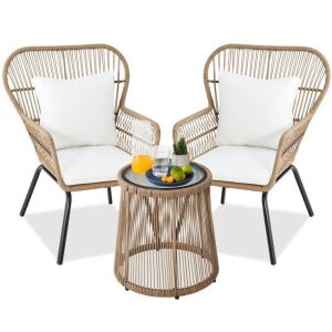 3-Piece Patio Wicker Conversation Bistro Set w/ 2 Chairs, Glass Top Table 