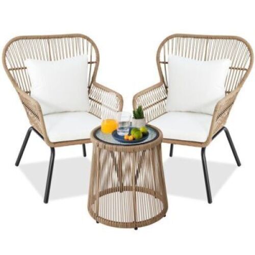 3-Piece Patio Wicker Conversation Bistro Set w/ 2 Chairs, Glass Top Table&nbsp;