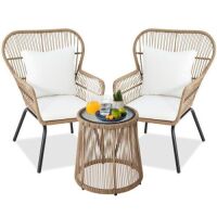 3-Piece Patio Wicker Conversation Bistro Set w/ 2 Chairs, Glass Top Table&nbsp;