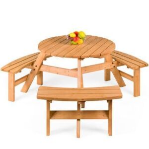 6-Person Circular Wooden Picnic Table w/ Umbrella Hole, 3 Benches 