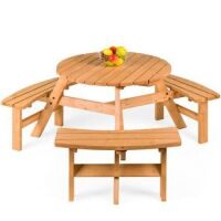 6-Person Circular Wooden Picnic Table w/ Umbrella Hole, 3 Benches&nbsp;
