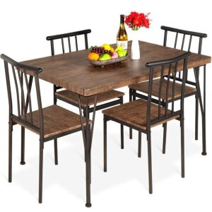 5-Piece Modern Metal and Wood Dining Table Furniture Set w/ 4 Chairs 