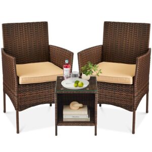 3-Piece Outdoor Patio Wicker Bistro Set w/ Side Storage Table 