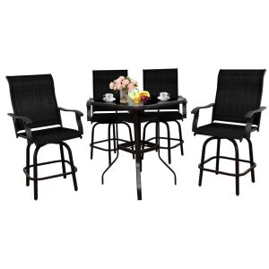 DUSACOM 5 Pieces Patio Bistro Set, Bar Height Swivel Stools with Tempered Glass Coffee Table 