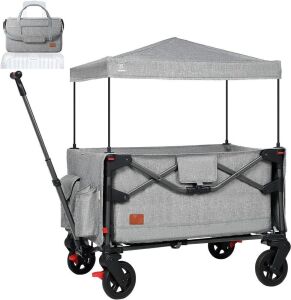 EVER ADVANCED Foldable into Bag Travel Wagon Stroller for 2 Kids & Cargo, with Removable Canopy, Adjustable 5-Point Harness