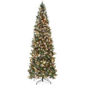 Pre-Lit Partially Flocked Pencil Christmas Tree w/ Pine Cones, Metal Stand