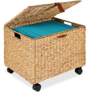 Mobile Water Hyacinth Rolling Filing Cabinet Storage Basket w/ Lid, Wheels  18"(L) x 15"(W) x 14"(H)