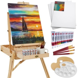 Portable Wooden French Easel w/ 32pc Beginners Kit 34"(L) x 30.25"(W) x 48-69"(H)