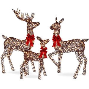 3-Piece Lighted Rattan Deer Family Outdoor Decor Set w/ 360 Lights  Buck Dimensions: 34"(L) x 11.5"(W) x 60"(H) Doe Dimensions: 31"(L) x 14"(W) x 53"(H) Fawn Dimensions: 24"(L) x 9"(W) x 36"(H)