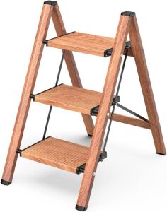 GameGem 3 Step Aluminum Folding Step Stool with Anti-Slip Sturdy and Wide Pedal, Woodgrain, 330 lbs 