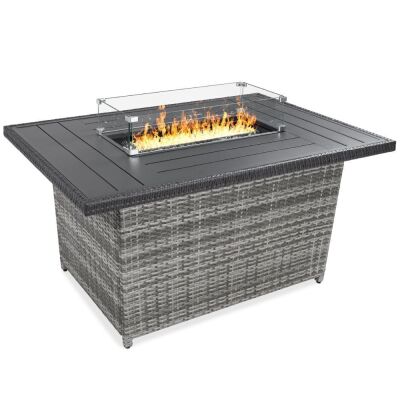 Wicker Propane Fire Pit Table, 50,000 BTU w/ Glass Wind Guard, Cover - 52in 