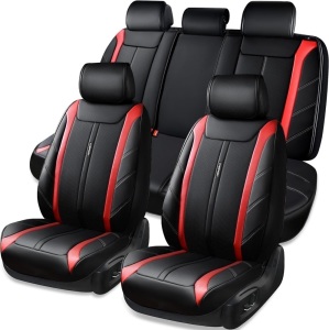 CAR PASS Luxury Leather Seat Covers Full Set All Coverage Cushioned. Waterproof & Anti-Slip & Durable Leatherette Car Seat Covers, Universal Fit for Most Trucks,SUV,Sedans,Van, Sporty (Black and Red)