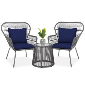 3-Piece Patio Wicker Conversation Bistro Set w/ 2 Chairs, Glass Top Table 