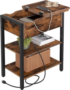 HOOBRO End Table with Charging Station, Narrow Side Table, Flip Top Nightstand with USB Ports and Outlets, Bedside Tables with Shelf for Small Spaces, Living Room, Rustic Brown BF341BZ01 18.9"D x 10.2"W x 25.2"H 