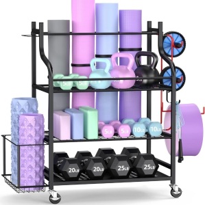 Mythinglogic Yoga Mat Storage Racks,Home Gym Storage Rack for Dumbbells Kettlebells Foam Roller, Yoga Strap and Resistance Bands, Workout Equipment Storage Organizer With Hooks and Wheels 15.7"D x 40.4"W x 34.3"H 