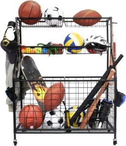 Kinghouse Garage Sports Equipment Organizer, Ball Storage Rack, Ball Storage Garage, Garage Organizer, Rolling Sports Ball Storage Cart, Black, Steel 16.5"D x 36.1"W x 45.6"H 