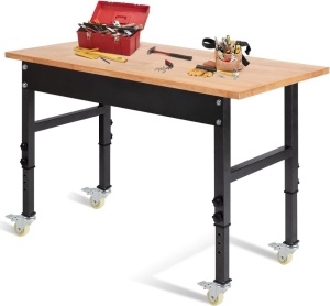 48" Adjustable Work Bench, Rubber Wood Top Heavy-Duty Workbench with Wheels, 2000 LBS Load Capacity Hardwood Worktable, for Garage, Workshop, Home, Office, Easy Assembly