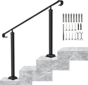 VEVOR Handrails for Outdoor Steps, Fit 1 or 3 Steps Outdoor Stair Railing, Wrought Iron Handrail, Adjustable Front Porch Hand Rail, Black Transitional Hand railings for Concrete Steps or Wooden Stairs 37.8"L x 27"W 