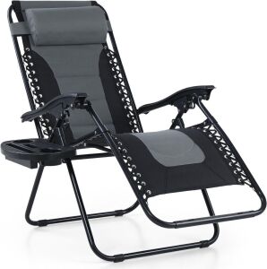 PHI VILLA Padded Zero Gravity Lounge Chair Folding Patio Recliner with Adjustable Headrest & Cup Holder, Support 350 LBS