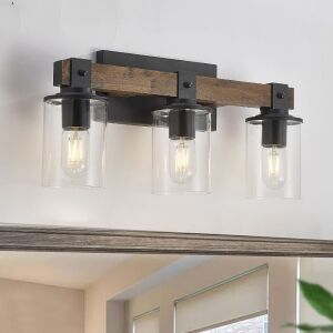 DUJAHMLAND Farmhouse Vanity Light Fixture with Clear Glass Shades, 3-Light, Antique Wood