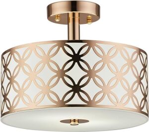 COTULIN Modern Gold Semi Flush Mount Drum Ceiling Light Fixture with Round Steel and Glass Shade 