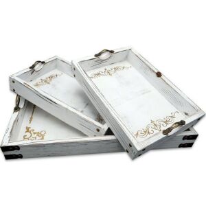 White Rustic Ottoman Wooden Serving Trays with Handles, Set of 3 & Artmeer Folding Bed Tray Table, Set of 2