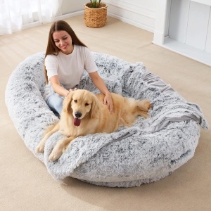 Large Human Dog Bed Bean Bag Bed for Humans Giant Beanbag Dog Bed with Blanket for People, Families, Pets, 75.5"x55"x12" (Grey Plush)