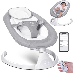 Bellababy Bluetooth Baby Swing for Infants, Compact & Portable, Intelligent Auto-Sensing, 5 Speed, 10 Lullabies, Remote Control, USB Plug-in Power, Indoor/Outdoor, 5-25 lb, 0-9 Months Gray