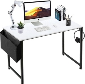 Lufeiya Computer Desk White Writing Table for Small Spaces Home Office 39 Inch Modern Study PC Des,with Storage Bag Hook (White Black)