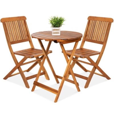 3-Piece Acacia Wood Bistro Set w/ Folding Table, 2 Chairs  Chair Dimensions: 23.5"(L) x 19"(W) x 35"(H) Chair Folded Dimensions: 19"(L) x 5"(W) x 40.25"(H) Seat: 17"(L) x 16"(W) x 1"(Thick) Backrest: 19"(L) x 1"(Thick) x 19.5"(H) Floor-to-Seat: 17.25"(H)