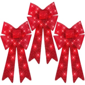 Set of 3 Pre-Lit Christmas Bow Decoration, LED Holiday Decor w/ 8 Functions 12"(W) x 24"(H)