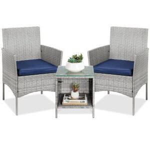 3-Piece Outdoor Patio Wicker Bistro Set w/ Side Storage Table 