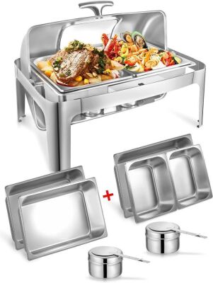 Granvell Rectangular Roll Top Chafing Dish Buffet Set, 1 Full Size & 2 Half-Size, 14QT Water Pan 