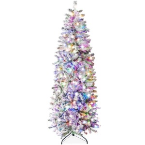 Pre-Lit Snow Flocked Artificial Pencil Christmas Tree w/ Multicolor Lights 7.5ft