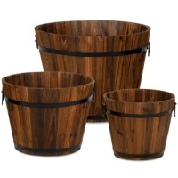 Set of 3 Rustic Wood Bucket Barrel Garden Planters Set w/ Drainage Holes&nbsp;