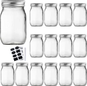 16oz Glass Mason Jars with Regular Airtight Lids, 15 Pack 