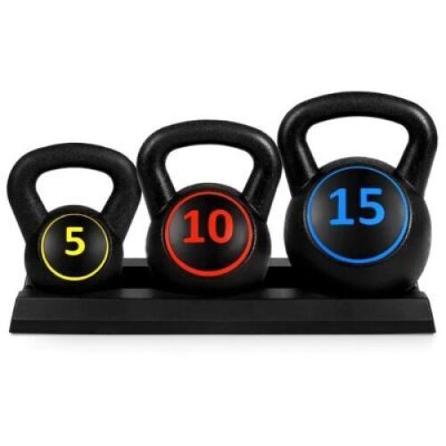 3-Piece Kettlebell Exercise Fitness Weight Set w/ Storage Rack&nbsp;