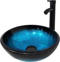 YIMAI Ingenuity Vessel Sink 12" Tempered Glass Basin Round Bowl with Faucet Combo, Blue&nbsp;