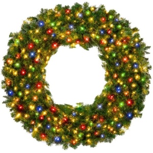 Pre-Lit Artificial Fir Christmas Wreath w/ Multicolor LED Lights, PVC Tips 48in