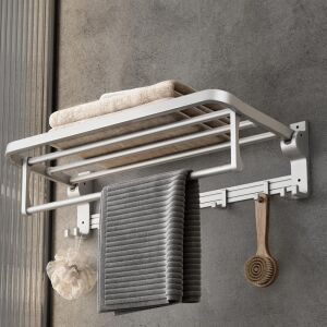 24 Inch Foldable Towel Shelf with Movable Hooks 