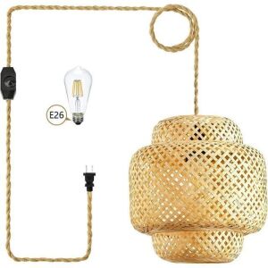 Yarra Decor Rattan Pendant Light with Dimmable Switch, 15ft Hemp Cord 