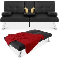 Faux Leather Upholstered Convertible Sofa Bed Futon w/ 2 Cupholders&nbsp;65.25"(L) x 32"(W) x 29"(H)