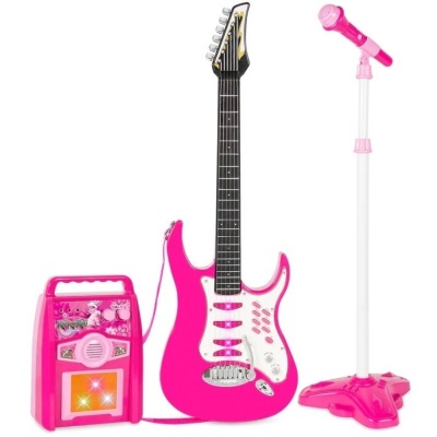 Kids Electric Guitar Toy Play Set w/ 6 Songs, Microphone, Amp  Guitar: 9.5"(L) x 1"(W) x 27.25"(H) Amp: 7.5"(L) x 2.5"(W) x 10.25"(H) Mic: 8"(L) Mic Stand: 22" - 37"(H)