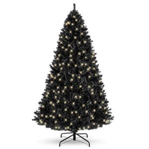 Pre-Lit Artificial Black Christmas Tree w/ Incandescent Lights, Metal Stand 9ft