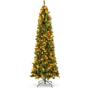 Pre-Lit Spruce Pencil Christmas Tree w/ Berries, Pine Cones 7.5ft