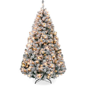 Pre-Lit Snow Flocked Artificial Pine Christmas Tree w/ Warm White Lights 9ft