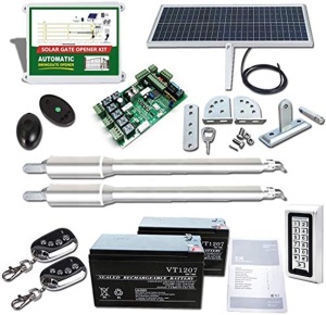 DC House EM3 Heavy-Duty Solar Gate Opener with Remote Complete Kit for Dual Swing Gates Up to 16 feet/1320 lbs, Solar Panel Batteries and Keypad Included. Appears New. Untested E-Commerce Return