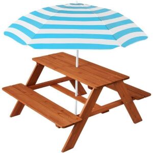 Kids Wooden Outdoor Picnic Table w/ Adjustable Umbrella, Built-In Seats 